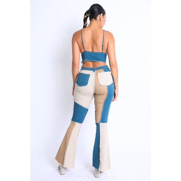 Women's Colorblock Patchwork Cop Top And Matching Pants 2 Piece Set Club Party - Picture 8 of 11